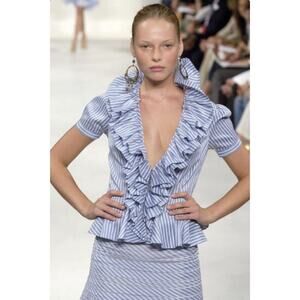 Ralph Lauren Collection Purple Label Blue Pinstripe Ruffle Silk Blouse Runway L